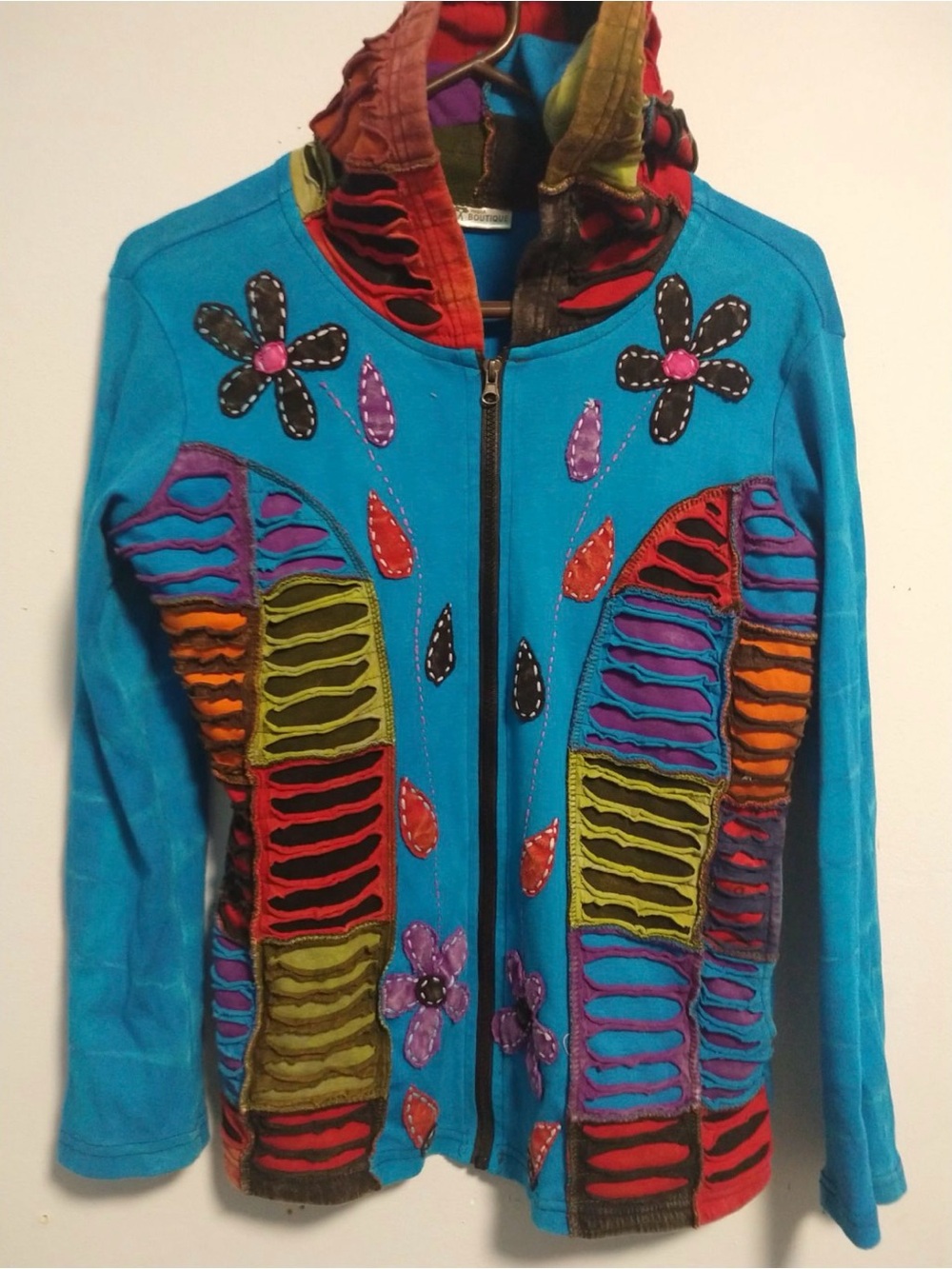 India Boutique Turquoise Patchwork Zip Jacket with Multicolor Appliqués